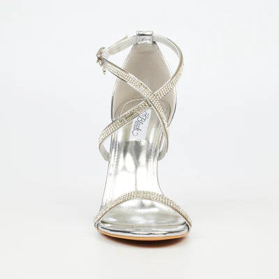 Elegant silver party heel with faux patent upper and diamante embellished straps