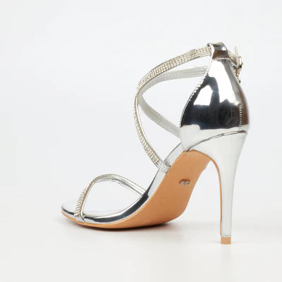 Silver high heel sandal with crystal diamante detailing and elegant open toe design