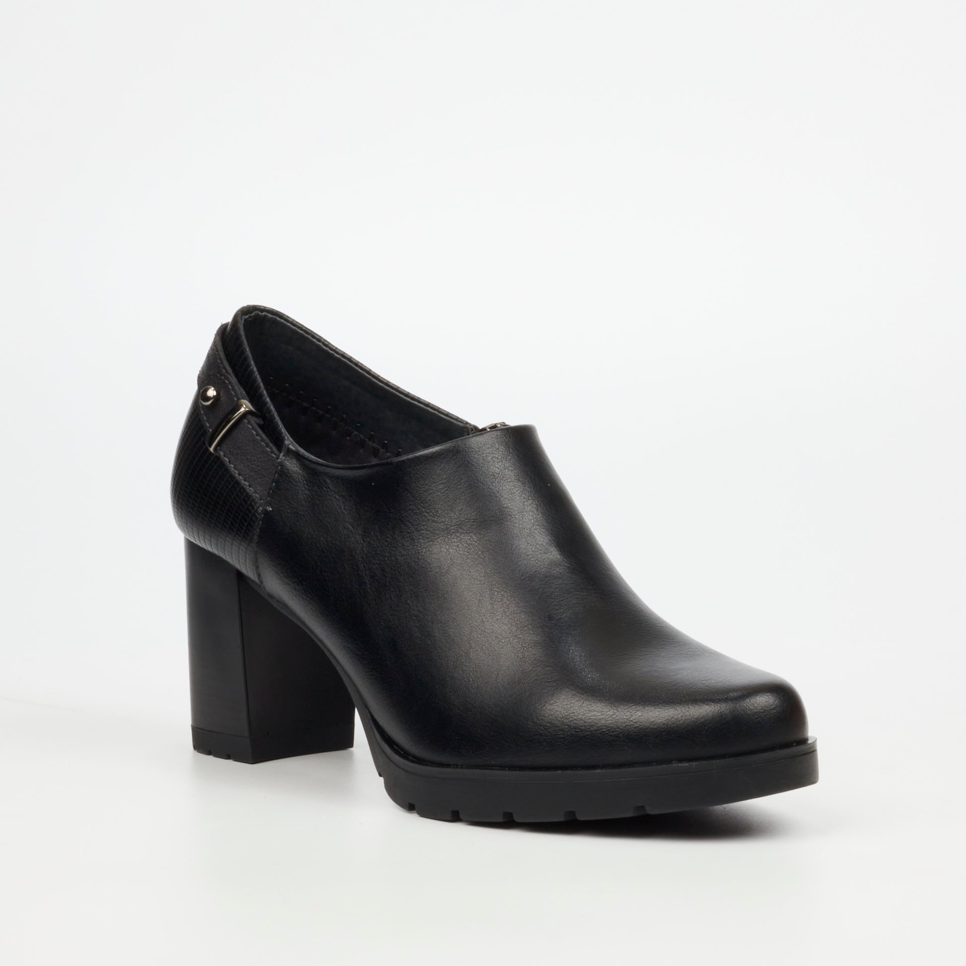 Stylish synthetic upper black ankle boots with zip closure and 7.5cm heel height.