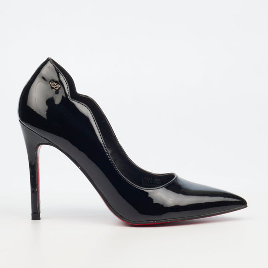 Miss Black Court Heel with faux patent finish and pointy toe design
