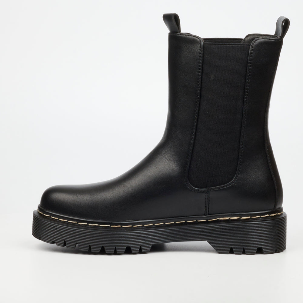 Side view of Miss Black Nirvana 2 black ankle boot with elastic panel