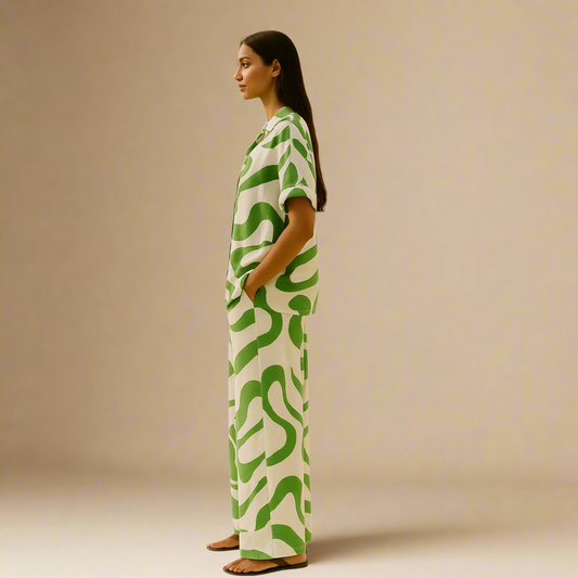  Modern Dynasty’s Moolit Majesty green and white co-ord, consisting of a breezy, short-sleeved shirt and wide-leg pants adorned with bold, abstract green swirls.