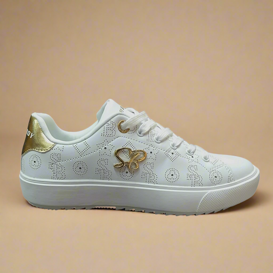 White Penny sneaker by Sissy Boy with gold accents and perforated SB pattern