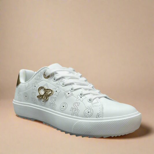 Stylish women's white sneaker featuring punched-out design and SB logo, perfect for fashion-forward looks.