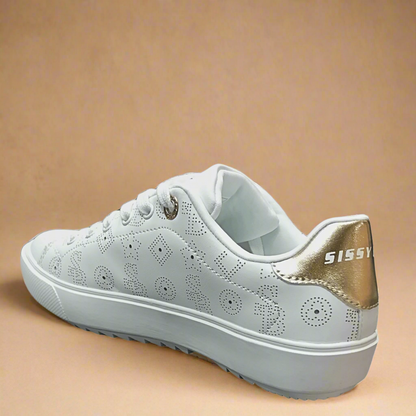 Trendy Sissy Boy Penny sneaker in white with luxury gold heel detail and comfortable sole for everyday wear.
