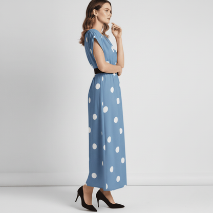 Elegant blue V-neck polka dot dress with black belt