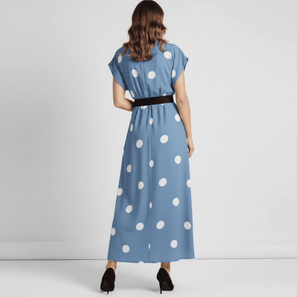 Summer maxi dress with white polka dots and flutter sleeves