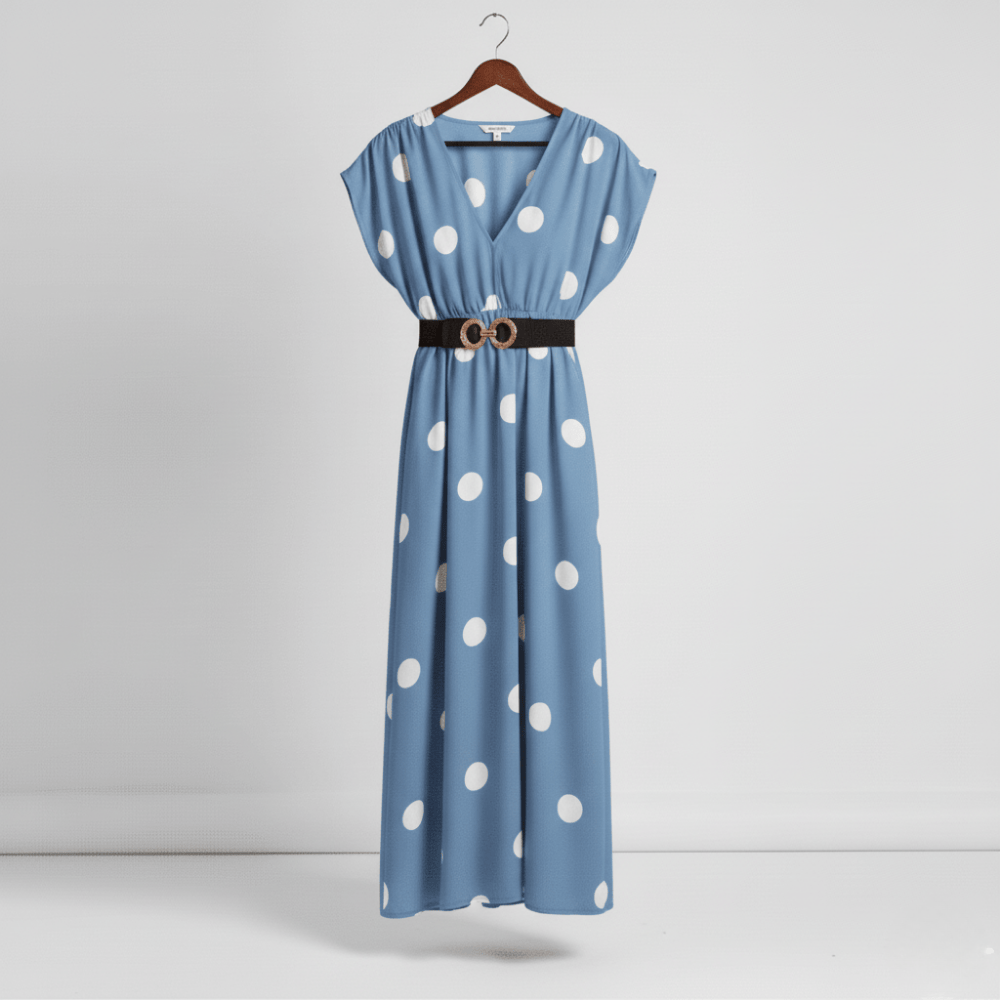 Flowy blue polka dot dress perfect for brunch or events