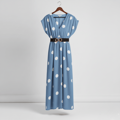 Flowy blue polka dot dress perfect for brunch or events