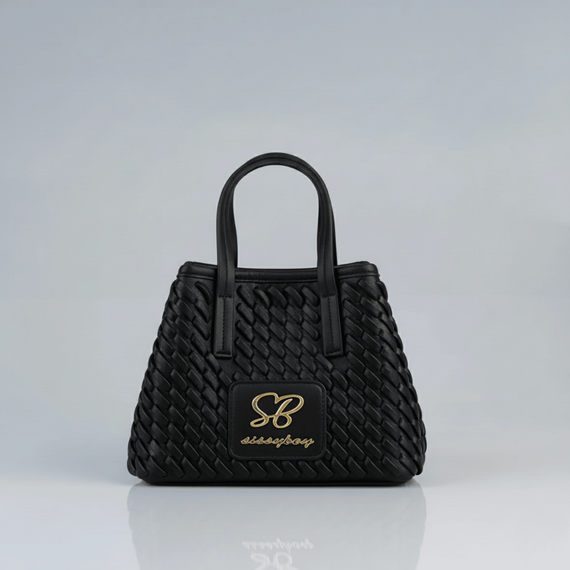 Sissy Boy black textured mini woven handbag with double handles, gold logo, and modern design