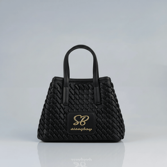 Sissy Boy black textured mini woven handbag with double handles, gold logo, and modern design