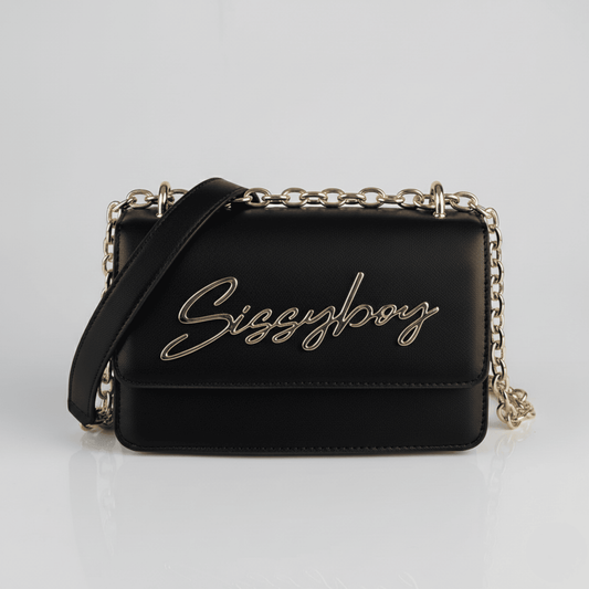 Sissy Boy SLAY FEST black structured crossbody bag with gold chain strap – L19 x H12 x W7 cm