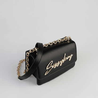 Women’s luxury black structured crossbody handbag by Sissy Boy, logo detail, small chic purse