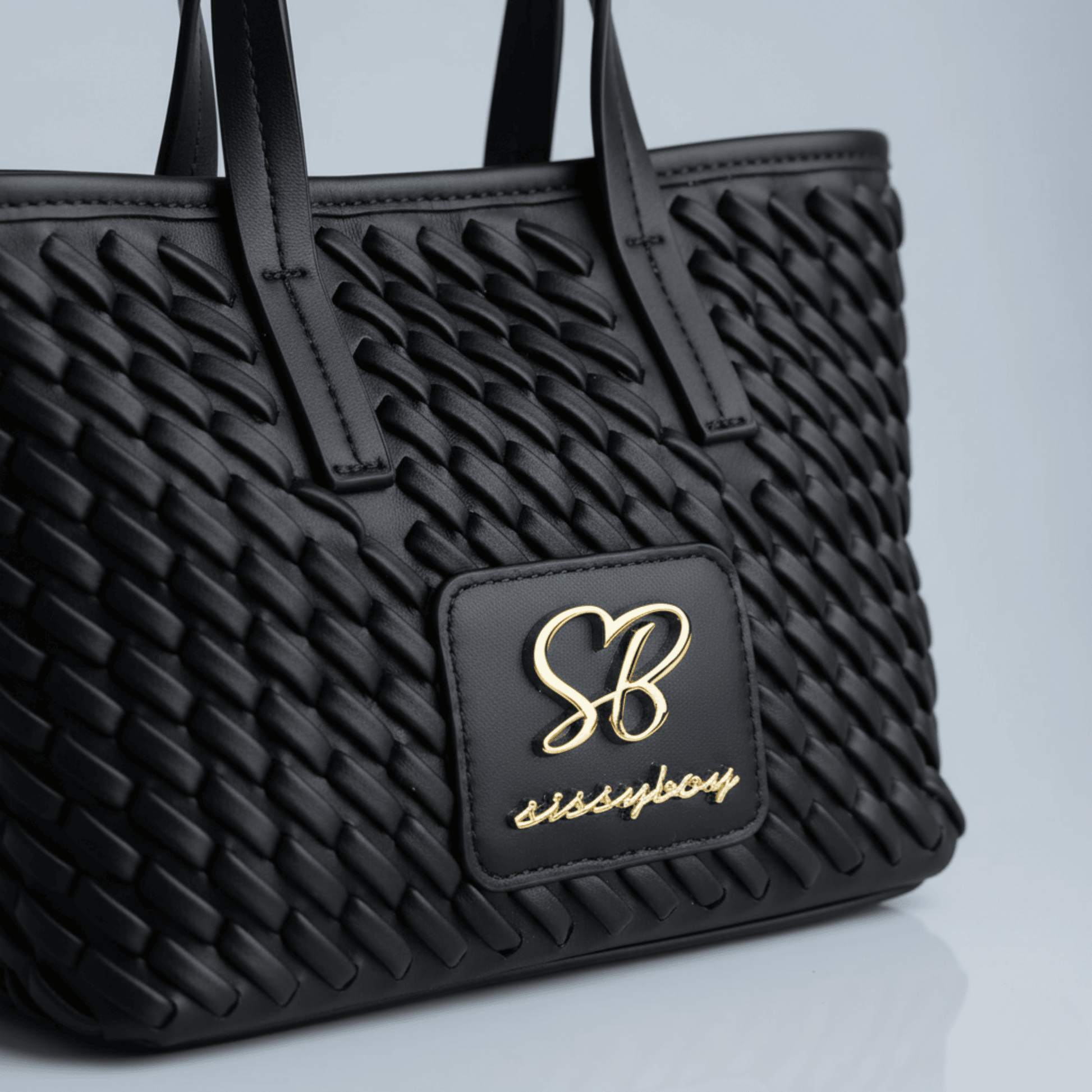 Stylish small black handbag for women, Sissy Boy signature logo, woven faux-leather finish