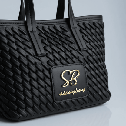 Stylish small black handbag for women, Sissy Boy signature logo, woven faux-leather finish