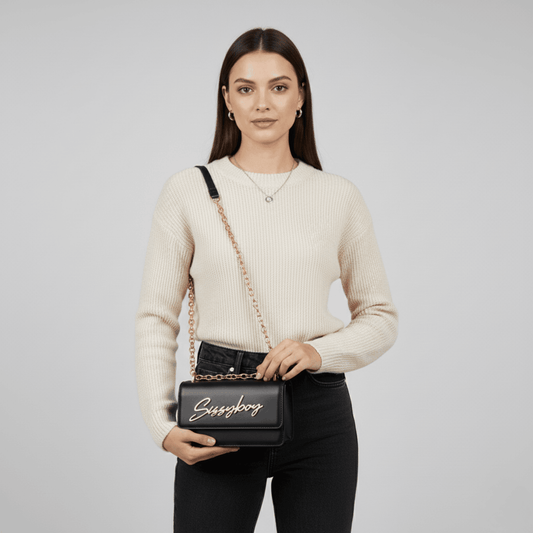 Women’s luxury black structured crossbody handbag by Sissy Boy, logo detail, small chic purse