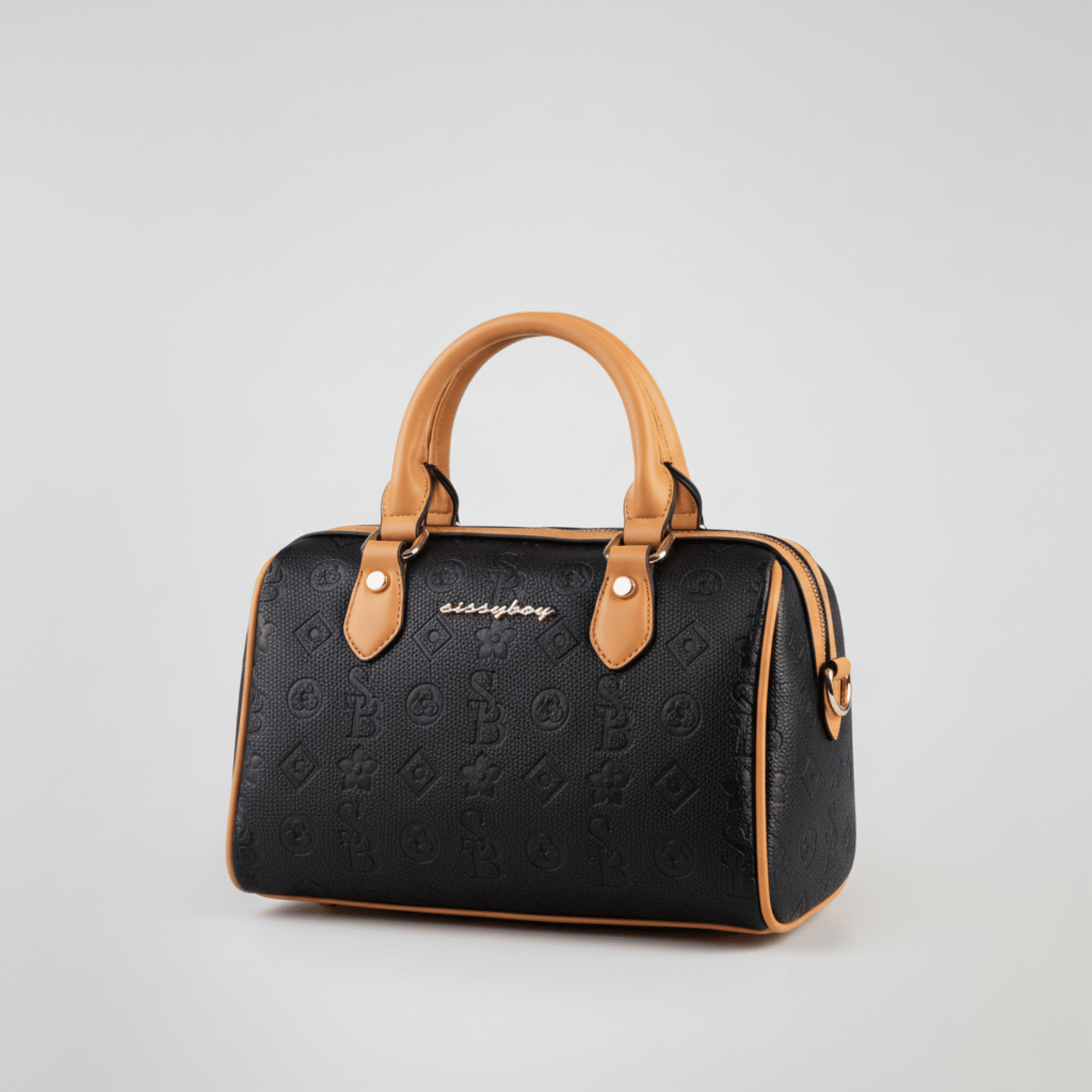 Black and tan Sissy Boy bowler bag with elegant contrast piping and signature branding