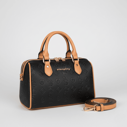 Sissy Boy Embossed Bowler Bag in black with tan handles and gold detailing