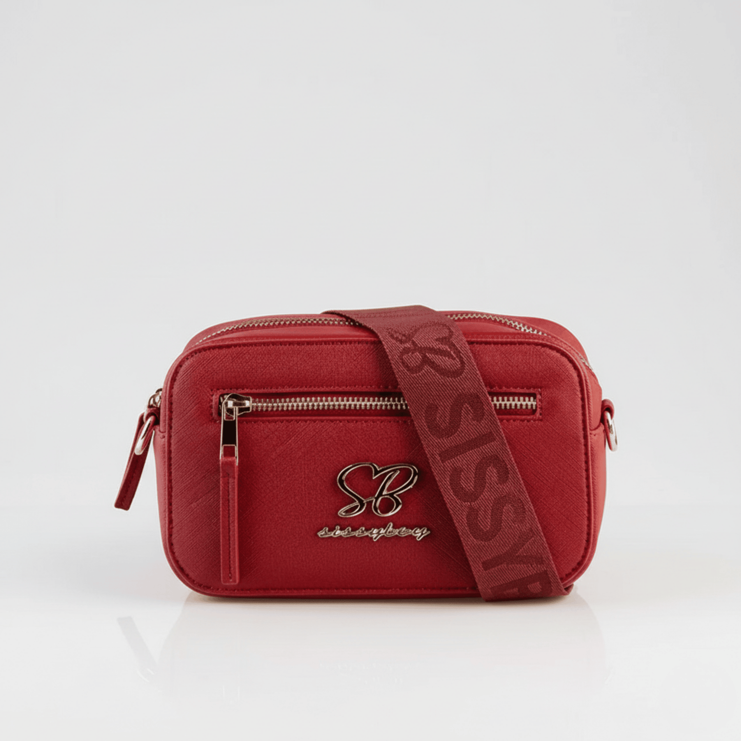 Front view of Sissy Boy Basic Camera Bag in red with gold SB logo