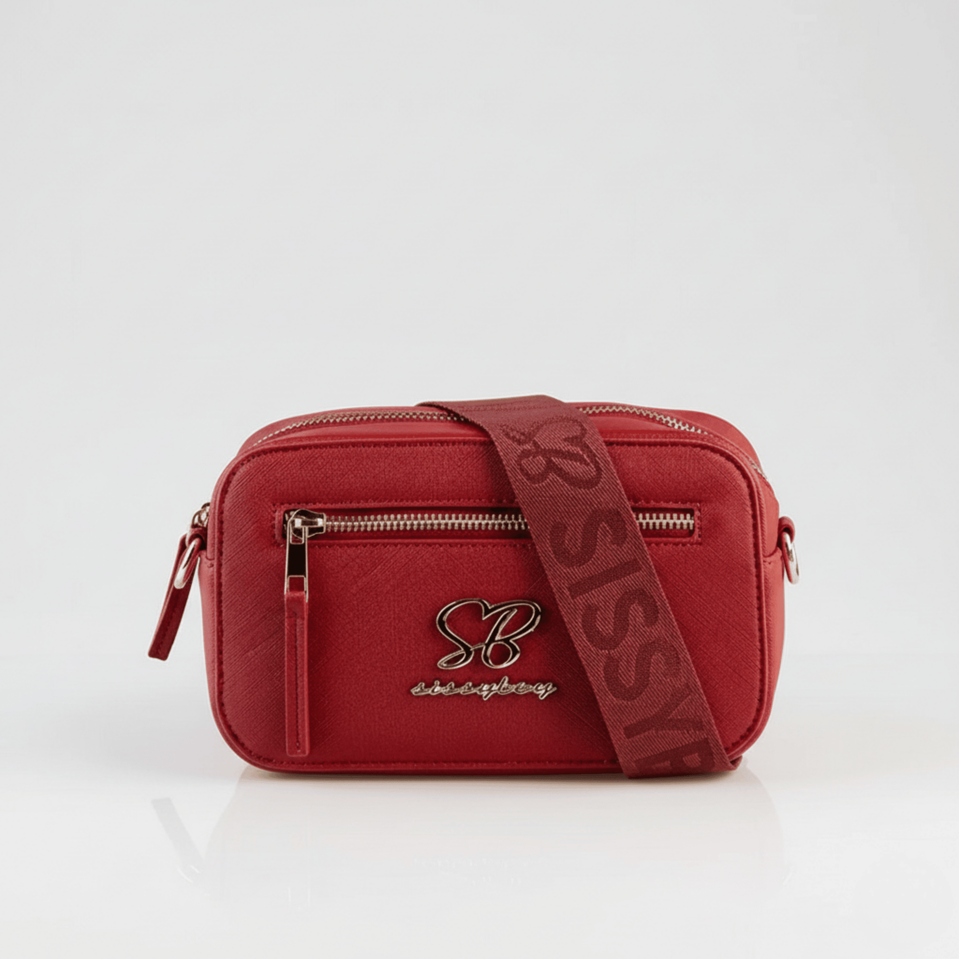Front view of Sissy Boy Basic Camera Bag in red with gold SB logo