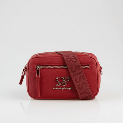 Front view of Sissy Boy Basic Camera Bag in red with gold SB logo