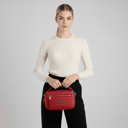 Sissy Boy red camera bag with front pocket and gold branding