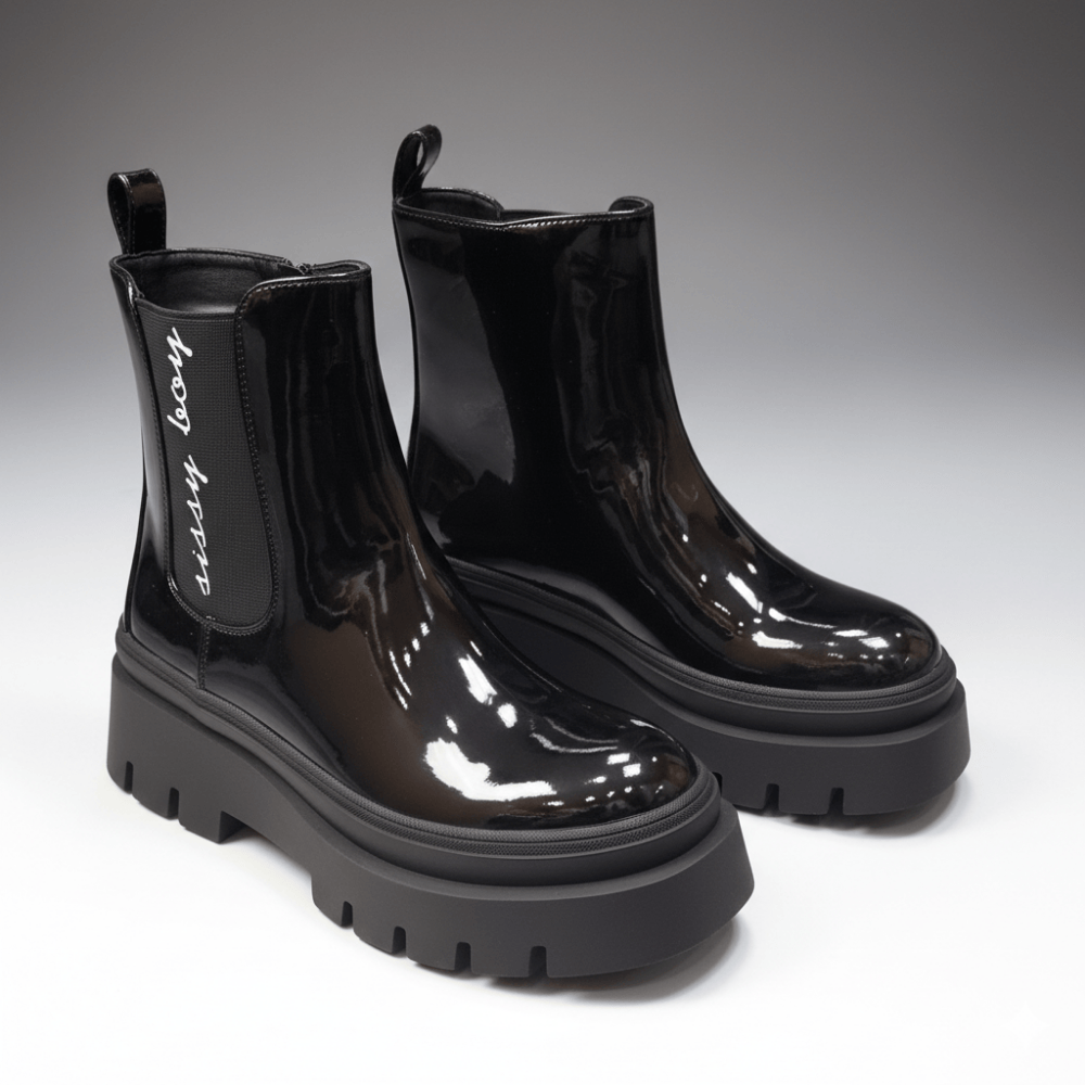 Women’s black patent chelsea boot with chunky outsole and stretch side panels – Sissy Boy Alma