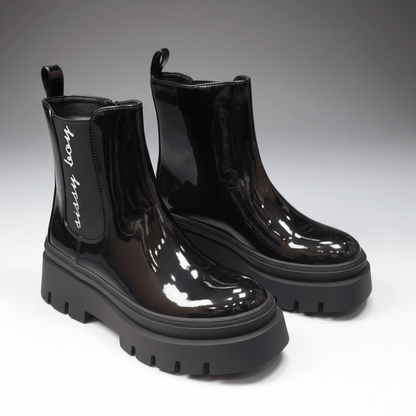 Women’s black patent chelsea boot with chunky outsole and stretch side panels – Sissy Boy Alma