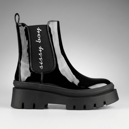 Sissy Boy Alma black patent chelsea boot with chunky platform outsole and elastic side panel logo detail