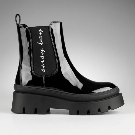 Sissy Boy Alma black patent chelsea boot with chunky platform outsole and elastic side panel logo detail