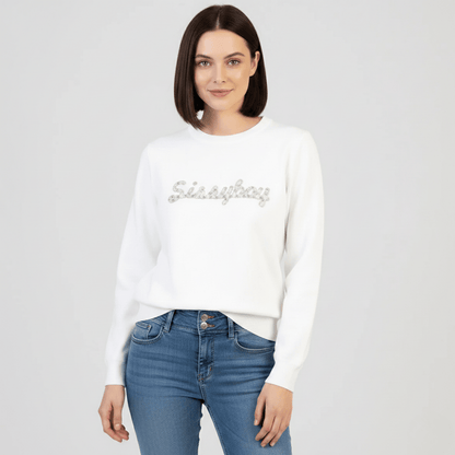 Women’s off white long sleeve knit sweater with logo detail