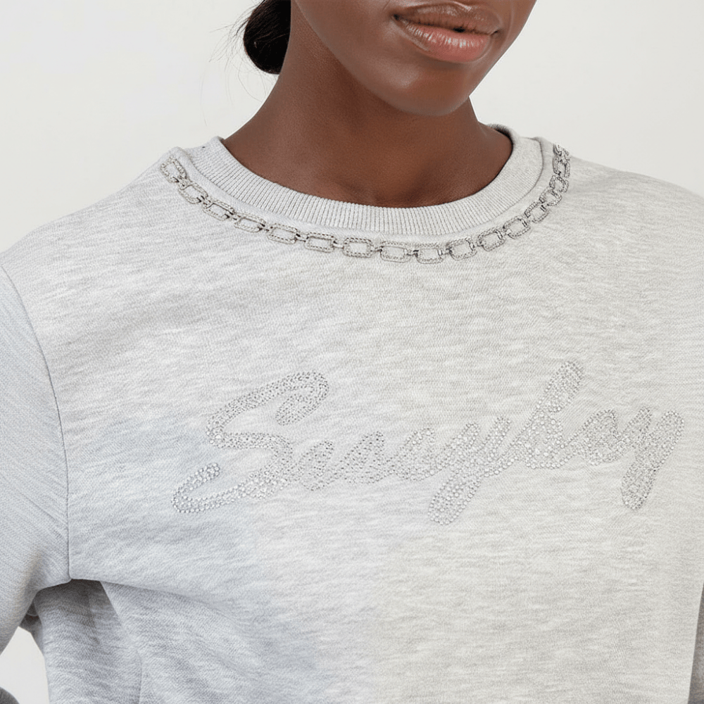 grey sweatshirt neckline and textured fabric