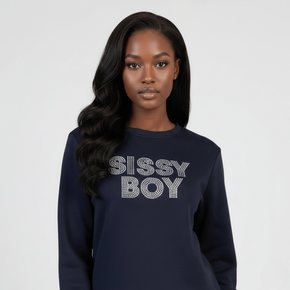 Close-up of navy Sissy Boy logo sweatshirt detail
