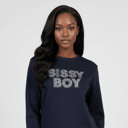 Close-up of navy Sissy Boy logo sweatshirt detail