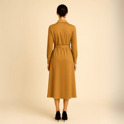Stylish rust shirt dress for women, featuring buttons, a waist belt, and long sleeves by Modern Dynasty