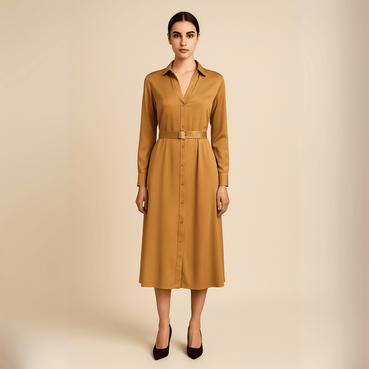 Elegant rust midaxi shirt dress with button-down front and belt, Modern Dynasty women’s fashion