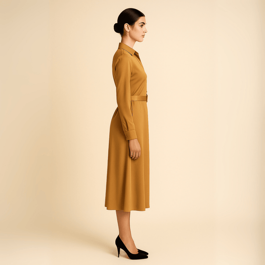 Modern Dynasty rust maxi dress, button-front, belted, and collared for classic women’s style
