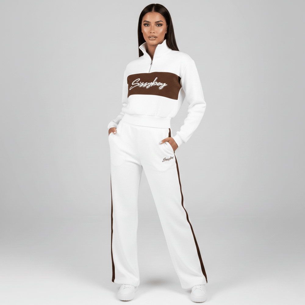 Sissy Boy Cream and brown knitted tracksuit with quarter zip top and wide-leg pants