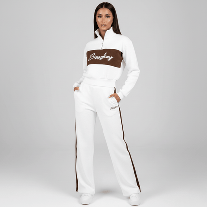 Sissy Boy Cream and brown knitted tracksuit with quarter zip top and wide-leg pants