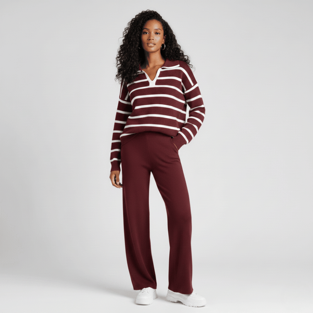 Maroon striped knit co-ord set for women with wide-leg pants and relaxed fit sweater by Modern Dynasty