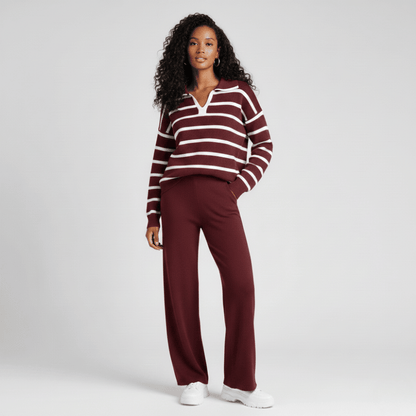 Maroon striped knit co-ord set for women with wide-leg pants and relaxed fit sweater by Modern Dynasty