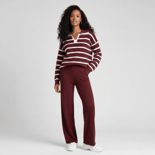 Maroon striped knit co-ord set for women with wide-leg pants and relaxed fit sweater by Modern Dynasty