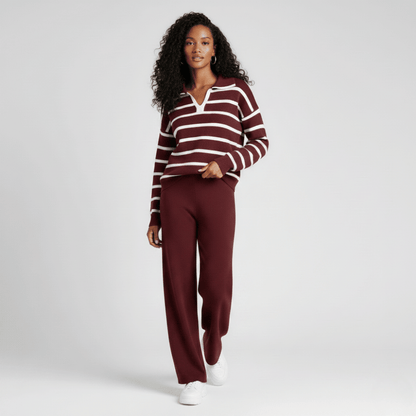 Women’s soft knit two-piece set in Maroon with striped pullover and comfortable wide-leg bottoms