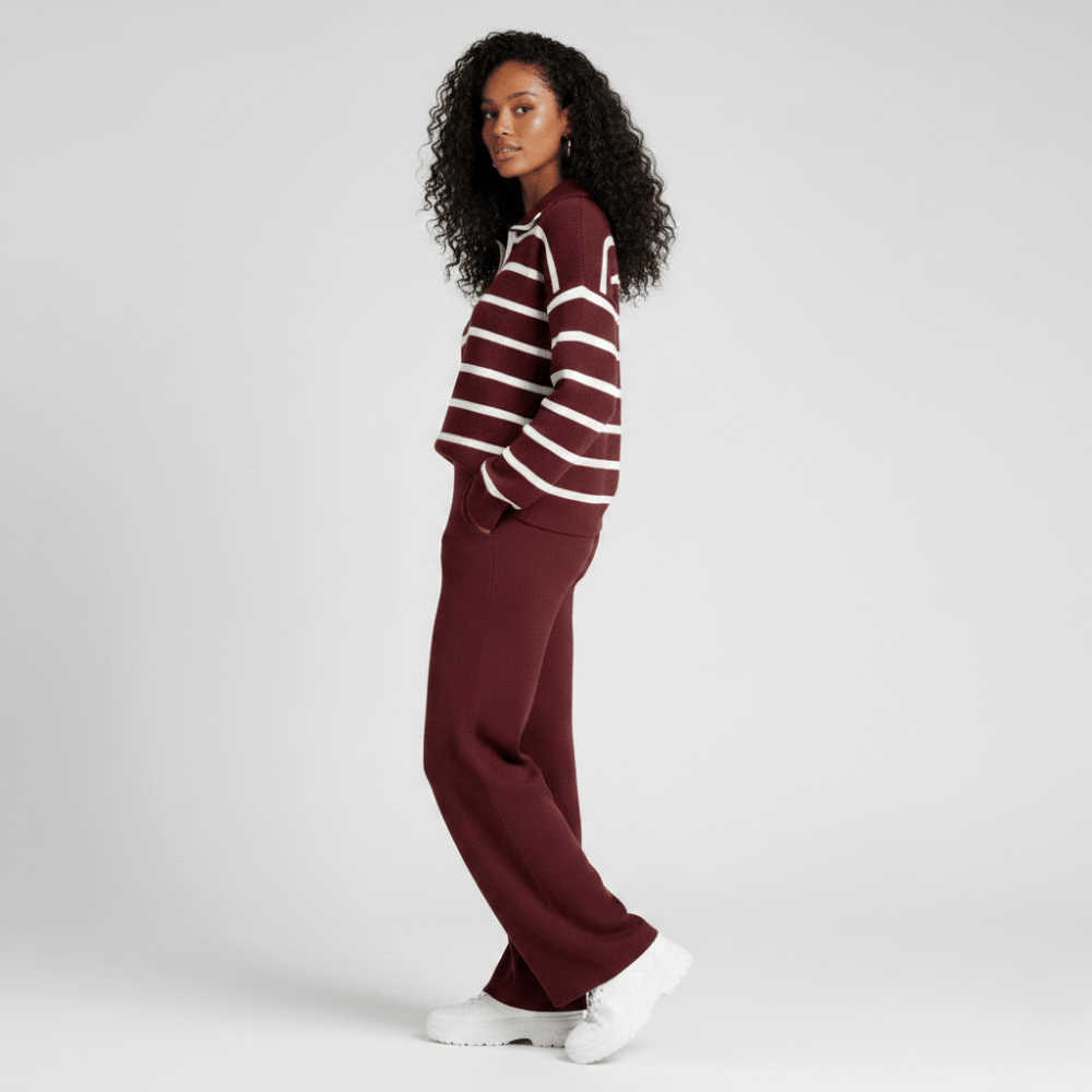 Stylish Bugandy knit lounge set for women with white striped sweater and relaxed wide-leg pants