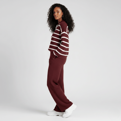 Stylish Bugandy knit lounge set for women with white striped sweater and relaxed wide-leg pants