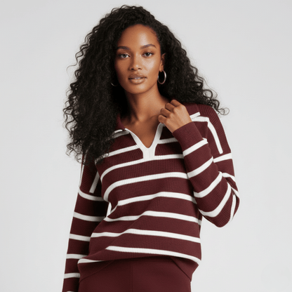 Modern Dynasty merlot knit co-ord featuring striped sweater