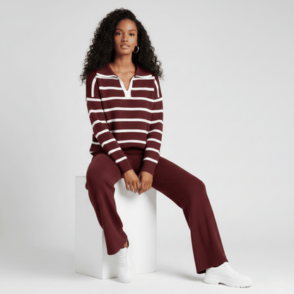 Women’s berry knit matching set with striped long sleeve top and wide-leg knit pants