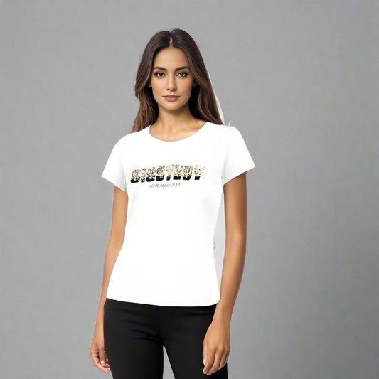 White Regular Fit Tee With Sequin Logo