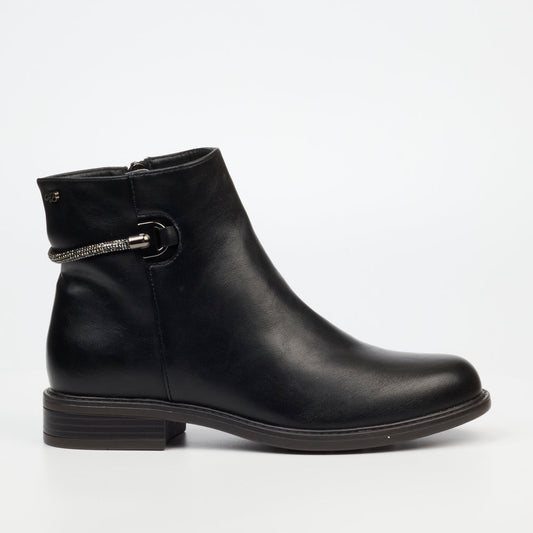Miss Black Victoria 1 Black Faux Leather Ankle Boots with Diamante Strap – Sleek almond-toe boots featuring a brushed leather look and zip-up closure.

