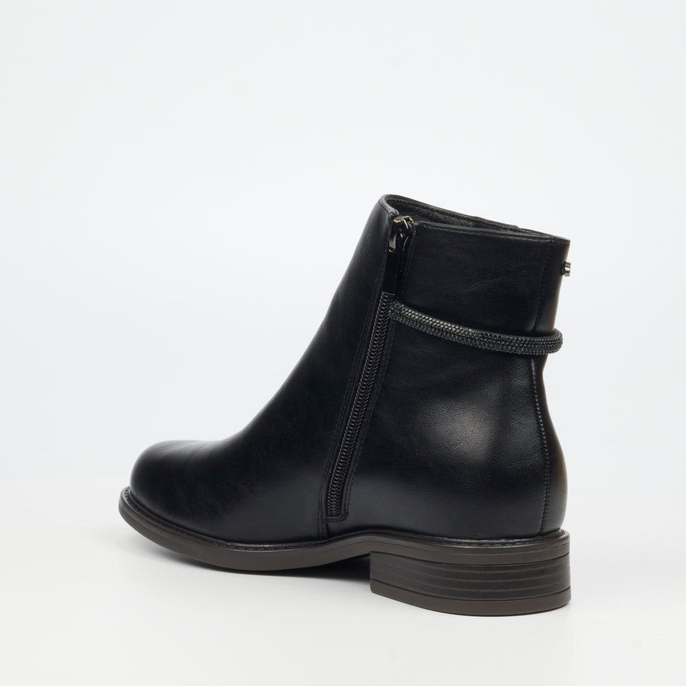 Miss Black Victoria 1 Zip-Up Ankle Boots in Black – Durable faux leather upper, brushed finish, and timeless design with a 3cm heel height.